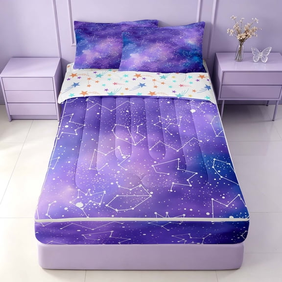 Homewish Blue Galaxy Zipper Twin Comforter Sets with Fitted Sheet and 2 Pillowcases, Constellations Horoscopes Zipper Bedding Set