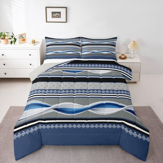 Homewish Blue Geometric Swirl Full Size Comforter Sets,Vintage Damask Bedding Comforter Set,Light Gray Reversible,3-Piece,1 Comforter and 2 Pillowcases
