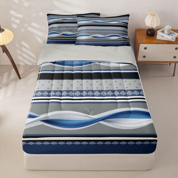 Homewish Blue Geometric Swirl Zipper Queen Comforter Set with Fitted Sheet and 2 Pillowcases,Vintage Damask Zipper Bedding Set,Light Gray Reversible,4pcs