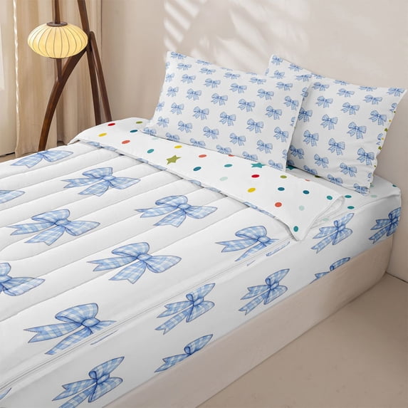 Homewish Blue Gingham Bow Zipper Full Size Comforter Sets with Fitted Sheet and 2 Pillowcases, Princess Ribbon Zipper Bedding Set, Polka Dots Reversible, 4pcs