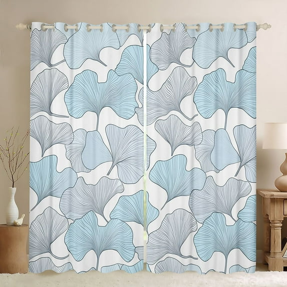 Homewish Blue Ginkgo Leaf Black Out Curtains, Cartoon Leaf Botanical Curtains Pack of 2 (42x63 Each), Teen Girl Kid Boy Bedroom Curtains, Curtains Blackout Home Decor
