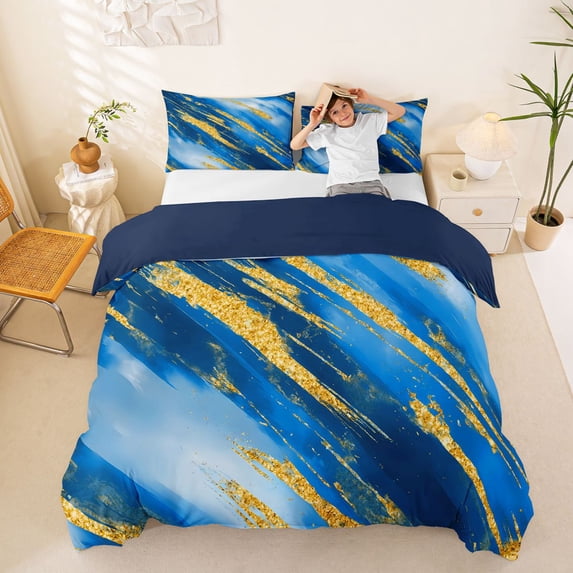 Homewish Blue Gold Marble Duvet Cover Queen,Modern Geometric Artwork Queen Bedding,Navy Blue Reversible,3-Piece,1 Duvet Cover and 2 Pillowcases