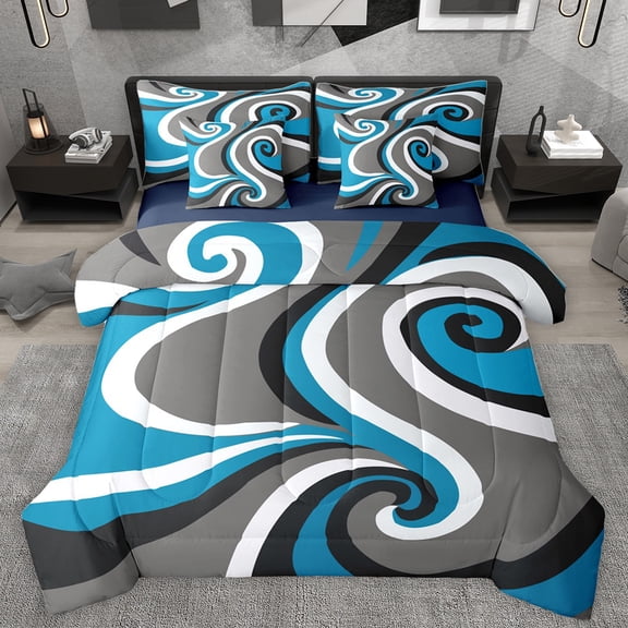 Homewish Blue Gray Black 7-Piece Bedding Comforter Set,Wave Stripes Print King Bedding Sets,Abstract Geometric Aesthetic Bed Sheets For Kids,Microfiber Bedroom Decor Reversible