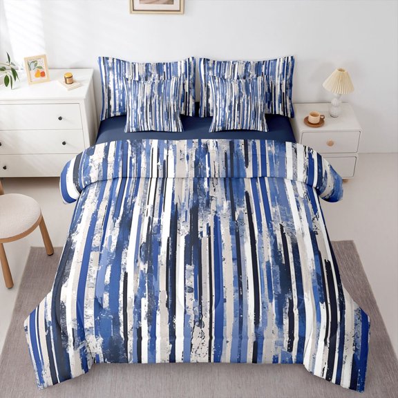 Homewish Blue Gray Black 7-Piece Twin Bedding,Abstract Brush Strokes Bedding Comforter Set,Navy Blue Reversible