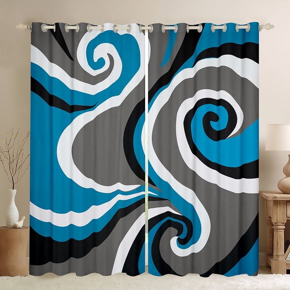 Homewish Blue Gray Black Curtains Pack of 2 (42x84 Each),Wave Stripes Print Curtains Blackout,Abstract Geometric Aesthetic Bedroom Curtains For Kids,Microfiber Bedroom Decor