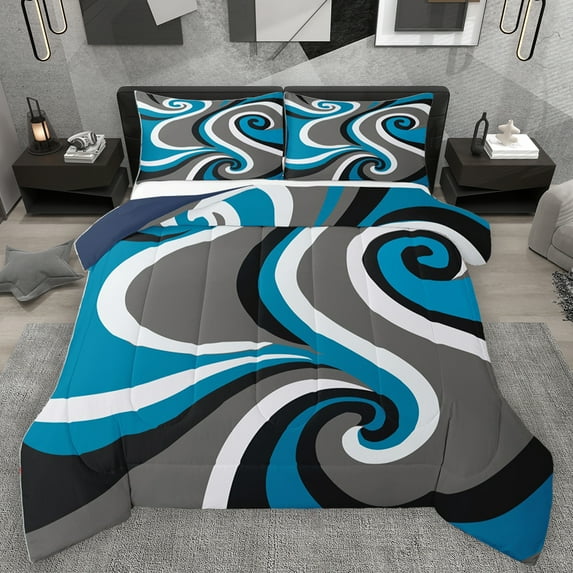 Homewish Blue Gray Black Full Size Comforter Sets,Wave Stripes Print Bedding Comforter Set,Abstract Geometric Aesthetic Bedding Sets For Kids,Microfiber Bedroom Decor Reversible,3 Pieces