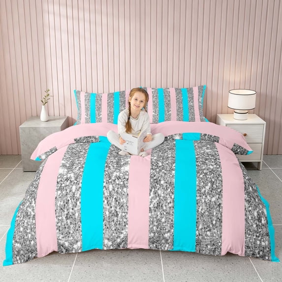 Homewish Blue Gray Pink Stripes Duvet Cover Queen for Girls, Psychedelic Stars Queen Bedding, Pink Reversible, 3 Piece 1 Duvet Cover and 2 Pillowcases