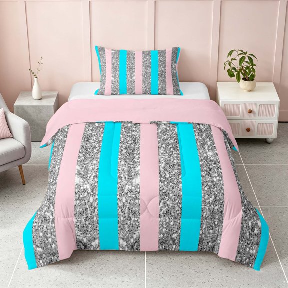 Homewish Blue Gray Pink Stripes Twin Comforter Sets for Girls, Psychedelic Stars Bedding Set, Pink Reversible, 2pcs 1 Comforter and 1 Pillowcase