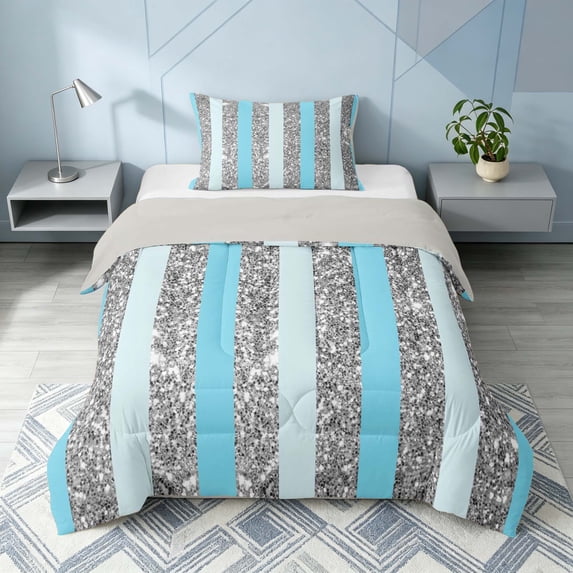 Homewish Blue Gray Stripes Twin Comforter Sets for Girls, Psychedelic Stars Bedding Set, Gray Reversible, 2-Piece 1 Comforter and 1 Pillowcase
