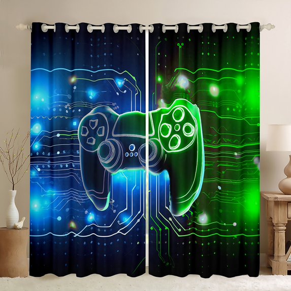 Homewish Blue Green Gamepad Blackout Curtains Set of 2 (52x84 Each) for Kids, Modern Gaming Gamer Window Curtains, Neon Abstract Stripes Curtains and Drapes, Black Out Curtains Decor