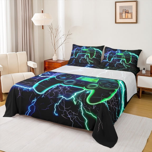 Homewish Blue Green Gamepad Full Size Sheets for Kids, Modern Gaming Gamer Bed Sheets, Neon Nature Lightning Sheet Sets, Luxury Bedroom Decor, 4 Pieces