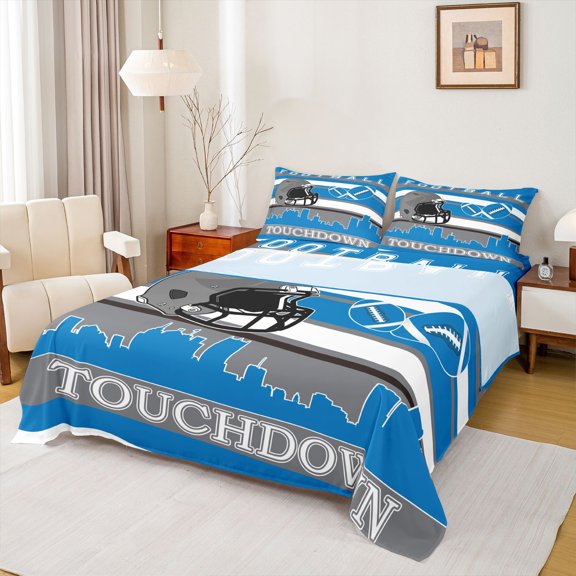 Homewish Blue Grey Helmet Bed Sheets for Teen, Eat Sleep Football Rugby King Sheets, Modern Sports City Print Sheet Set, Lightweight Room Decor, 4pcs