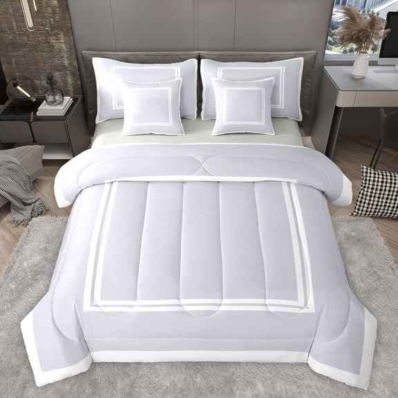 Homewish Blue Grey Stripes Bedding Comforter Set 7pcs for Men, Abstract Ombre Line Queen Bedding Sets, Simple Fashion Style Reversible Queen Sheet Sets, Microfiber Bedroom Decor