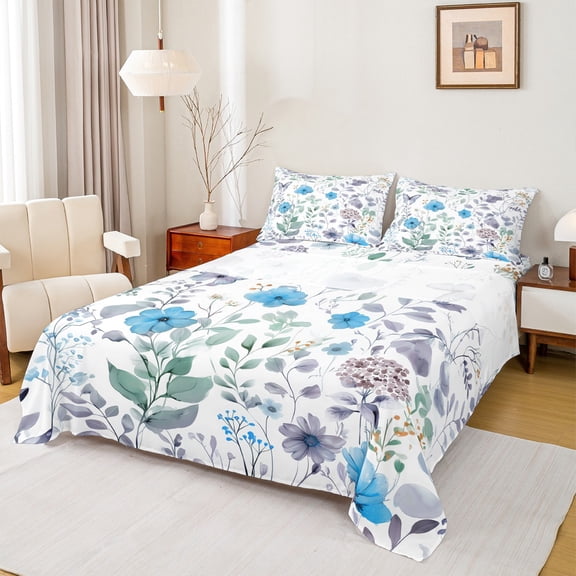 Homewish Blue Groovy Flower Twin Sheet Sets for Kids, Rustic Plant Botancial Twin Fitted Sheet, Watercolor Art Flat Sheet, Breathable Home Decor, 3pcs