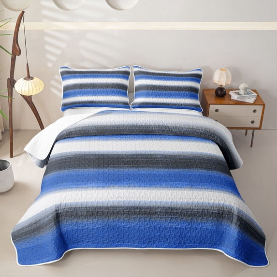 Homewish Blue Horizontal Lines Quilt King,Geometric Abstract King Coverlet Set,3pcs