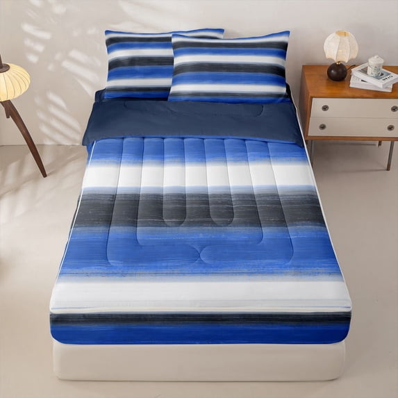 Homewish Blue Horizontal Lines Zipper Queen Comforter Set with Fitted Sheet and 2 Pillowcases,Geometric Abstract Zipper Bedding Set,Navy Blue Reversible,4pcs