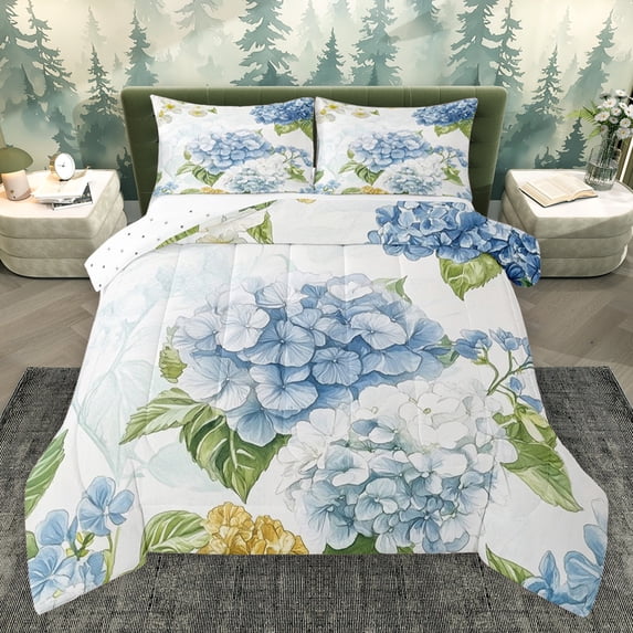 Homewish Blue Hydrangea Queen Comforter Set,Natural Flower Floral Bedding Sets,Green Monstera Leaf Bedding Comforter Set For Girl Boy,Microfiber Bedroom Decor Reversible,3-Piece