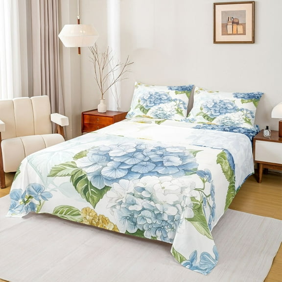 Homewish Blue Hydrangea Twin Sheet Sets,Natural Flower Floral Twin Fitted Sheet,Green Monstera Leaf Flat Sheet For Girl Boy,Microfiber Bedroom Decor,3 Pieces