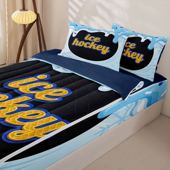 Homewish Blue Ice Hockey Zipper Twin Comforter Sets with Fitted Sheet and 2 Pillowcases for Kids, Snowflake Ice Cream Zipper Bedding Set, Navy Reversible, 4pcs