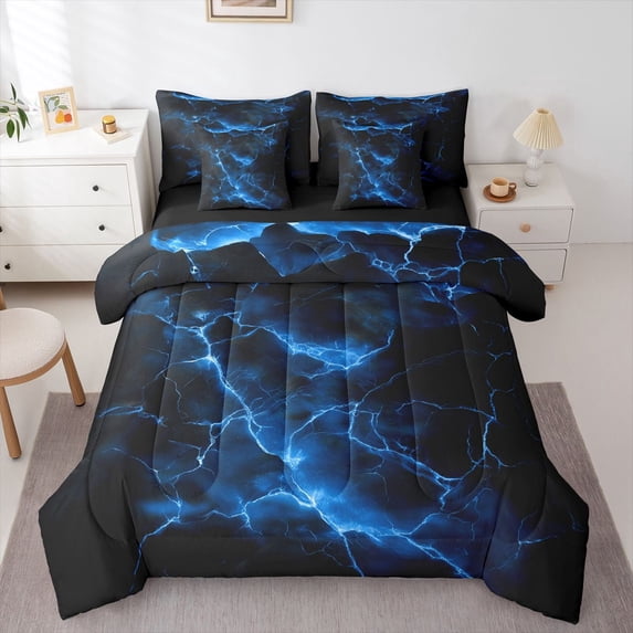 Homewish Blue Lightning 7-Piece Twin Bedding,Aesthetic Geometric Bedding Comforter Set,Black Reversible