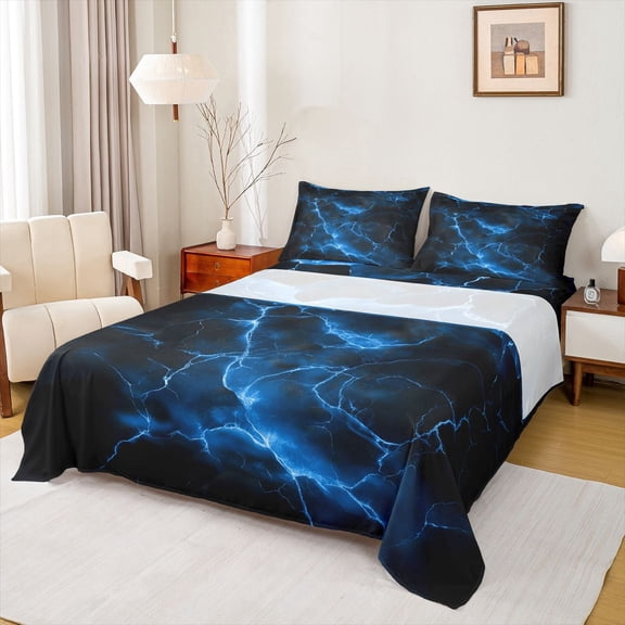 Homewish Blue Lightning Bed Sheets,Aesthetic Geometric Full Size Sheets,4 Pieces,1 Flat Sheet, 1 Fitted Sheet and 2 Pillowcases