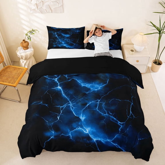 Homewish Blue Lightning Bedding,Aesthetic Geometric Duvet Cover Full,Black Reversible,3 Pieces,1 Duvet Cover and 2 Pillowcases