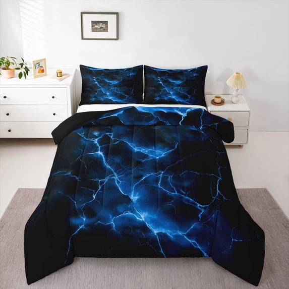 Homewish Blue Lightning Full Size Comforter Sets,Aesthetic Geometric Bedding Comforter Set,Black Reversible,3 Pieces,1 Comforter and 2 Pillowcases