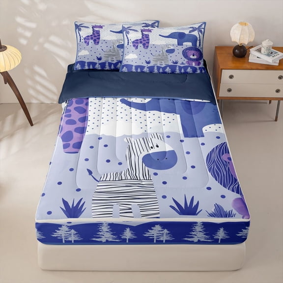 Homewish Blue Lion Kids Zipper Full Size Comforter Sets with Fitted Sheet and 2 Pillowcases, Cute Zoo Animal Zipper Bedding Set, Navy Reversible, 4pcs