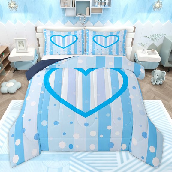 Homewish Blue Love Heart Bedding Comforter Set for Girl, Chic Stripes Abstract Twin Comforter Sets, Princess Cartoon Theme Reversible Bedding Set, Lightweight Room Decor, 2 Pieces