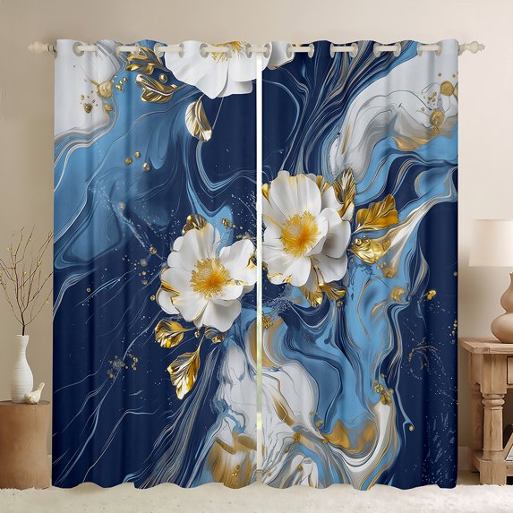 Homewish Blue Marble Floral Curtains Pack of 2 (42x84 Each), Modern Artwork Curtains Blackout, Chic Abstract Mabrbling Bedroom Curtains, Living Room Curtains Decor