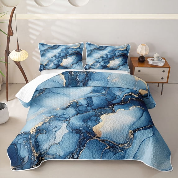 Homewish Blue Marble Twin Quilt Set,Gold Metallic Twin Coverlet Set,2 Pieces