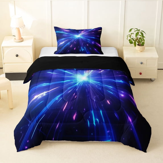 Homewish Blue Neon Lines Twin Comforter Sets,Abstract Glowing Stripes Bedding Set,Black Reversible,2-Piece,1 Comforter and 1 Pillowcase