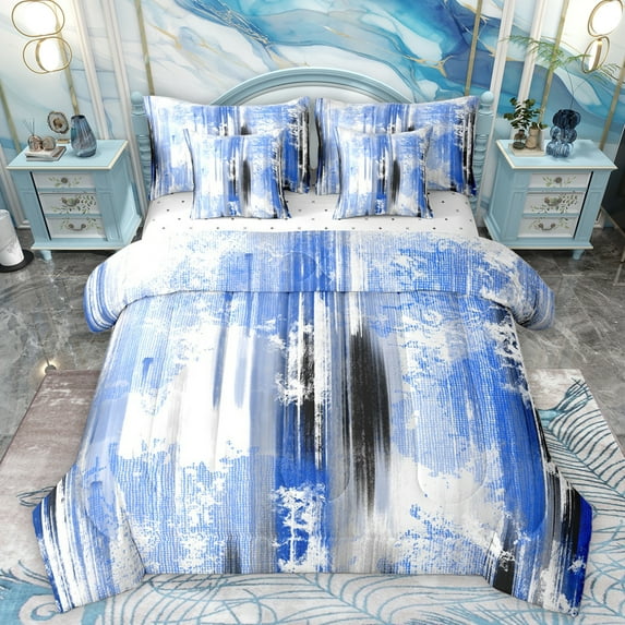 Homewish Blue Oil Printing Bedding Comforter Set for Teens, Modern Stripes Abstract King Bedding Sets, Fashion Art Reversible Bed Sheets, Lightweight Room Decor