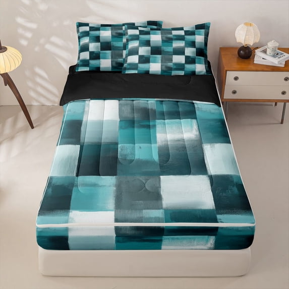 Homewish Blue Ombre Checkerboard Zipper Queen Comforter Set with Fitted Sheet and 2 Pillowcases,Abstract Grunge Zipper Bedding Set,Black Reversible,4pcs