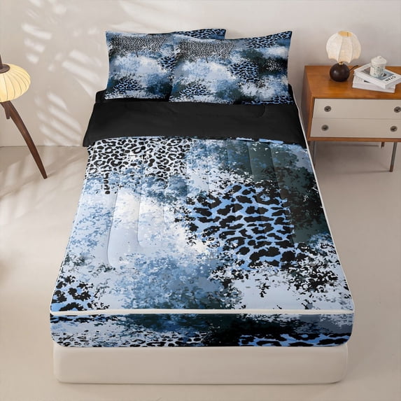 Homewish Blue Ombre Cheetah Zipper Full Size Comforter Sets with Fitted Sheet and 2 Pillowcases,Contemporary Art Zipper Bedding Set,Black Reversible,4pcs