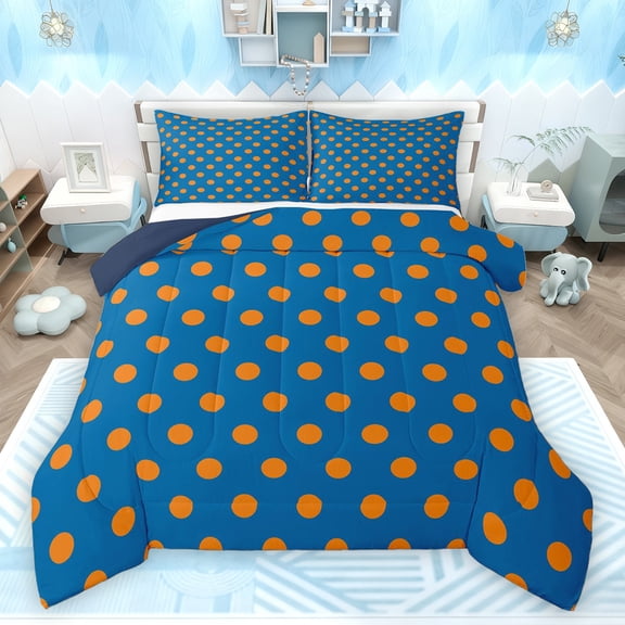Homewish Blue Orange Geometric Circle Boy Girl 3 Pieces Queen Comforter Set,Polka Dots Ultra Soft Bedding Sets,Vintage Aesthetic Bedding Comforter Set Breathable,Luxury Bedroom Decor,Reversible