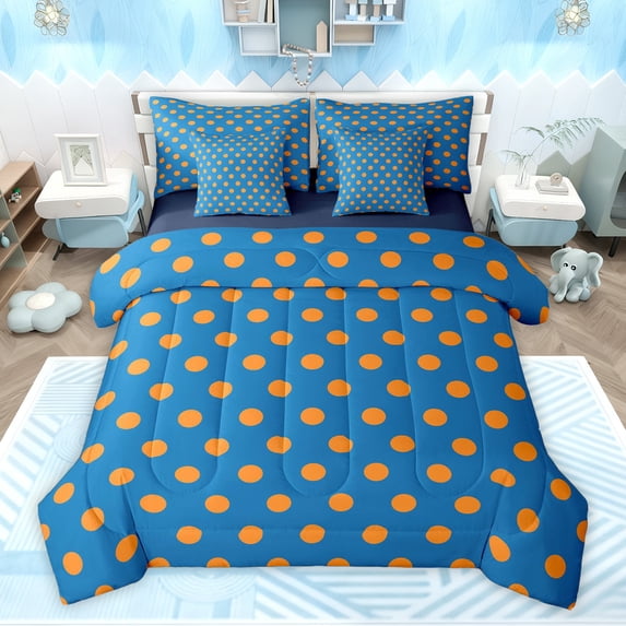 Homewish Blue Orange Geometric Circle Boy Girl Bedding Comforter Set 7-Piece,Polka Dots King Bedding Sets,Vintage Aesthetic Ultra Soft Bed Sheets,Luxury Bedroom Decor,Reversible