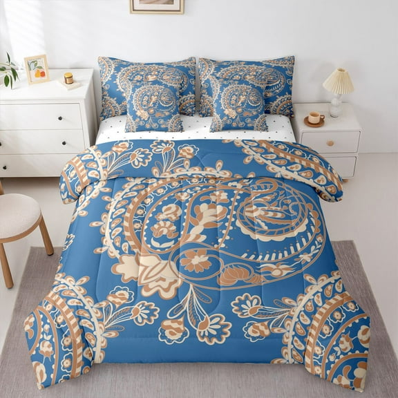 Homewish Blue Paisley Print Bedding Comforter Set 7-Piece for Adult, Vintage Damask Flower King Bedding Sets, Southwestern Theme Reversible Bed Sheets, Microfiber Bedroom Decor