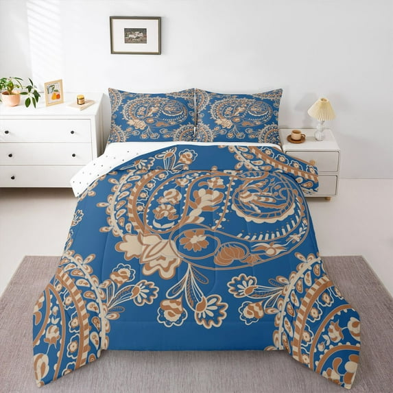 Homewish Blue Paisley Print Bedding Comforter Set for Adult, Vintage Damask Flower Twin Comforter Sets, Southwestern Theme Reversible Bedding Set, Microfiber Bedroom Decor, 2-Piece