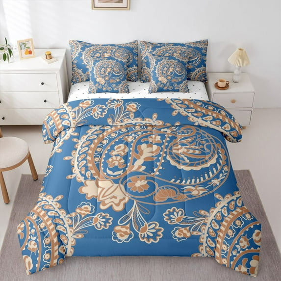 Homewish Blue Paisley Print Twin Bedding Sets 7-Piece for Adult, Vintage Damask Flower Bedding Comforter Set, Southwestern Theme Reversible Sheet Sets, Microfiber Bedroom Decor