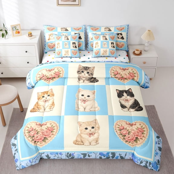 Homewish Blue Pet Cat Plaid 7-Piece Twin Bedding,Lovely Floral Bedding Comforter Set,Polkadot Reversible