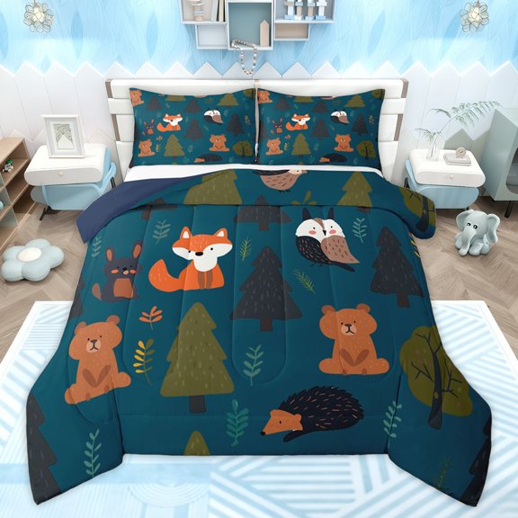 Homewish Blue Pine Tree Bedding Comforter Set for Child, Cute Bear Animal Twin Comforter Sets, Kawaii Jungle Fox Hedgehog Reversible Bedding Set, Ultra Soft Bedroom Decor, 2 Pieces