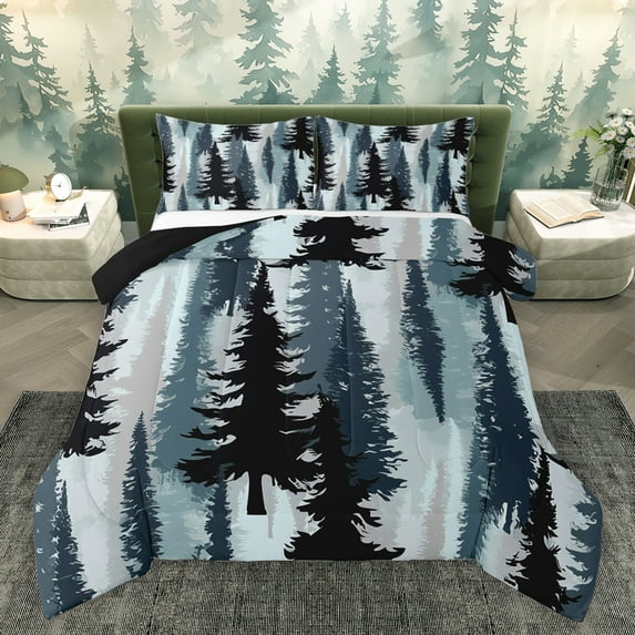 Homewish Blue Pine Tree Bedding Comforter Set, Vintage Western Countryside Twin Comforter Sets, Teens Adult Men Reversible Bedding Set, Luxury Bedroom Decor, 2 Pieces