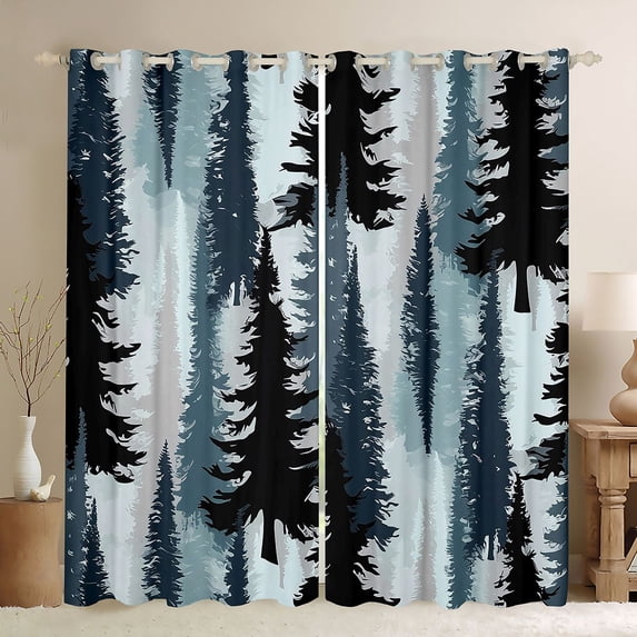 Homewish Blue Pine Tree Black Out Curtains, Vintage Western Countryside Curtains Pack of 2 (42x63 Each), Teens Adult Men Bedroom Curtains, Living Room Curtains Decor