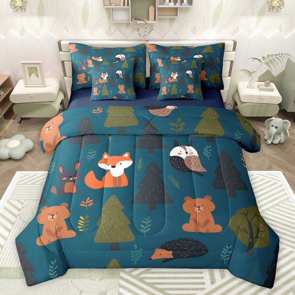 Homewish Blue Pine Tree Twin Bedding Sets 7-Piece for Child, Cute Bear Animal Bedding Comforter Set, Kawaii Jungle Fox Hedgehog Reversible Sheet Sets, Ultra Soft Bedroom Decor