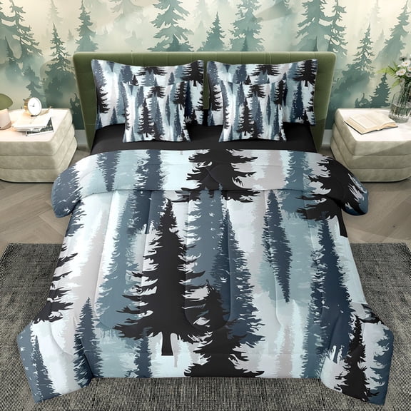 Homewish Blue Pine Tree Twin Bedding Sets 7-Piece, Vintage Western Countryside Bedding Comforter Set, Teens Adult Men Reversible Sheet Sets, Luxury Bedroom Decor