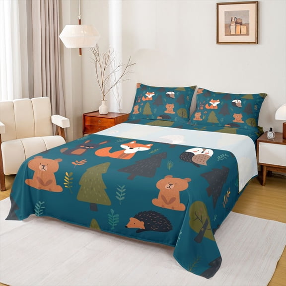 Homewish Blue Pine Tree Twin Sheet Sets for Child, Cute Bear Animal Twin Fitted Sheet, Kawaii Jungle Fox Hedgehog Flat Sheet, Ultra Soft Bedroom Decor, 3 Pieces
