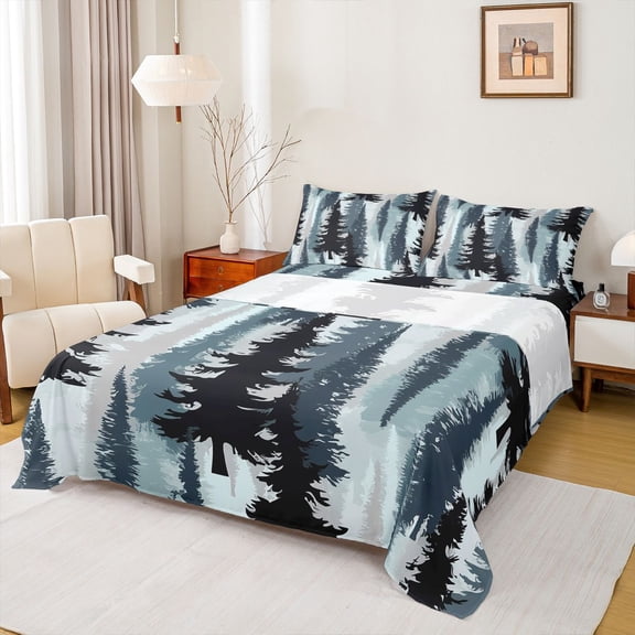 Homewish Blue Pine Tree Twin Sheet Sets, Vintage Western Countryside Twin Fitted Sheet, Teens Adult Men Flat Sheet, Luxury Bedroom Decor, 3 Pieces