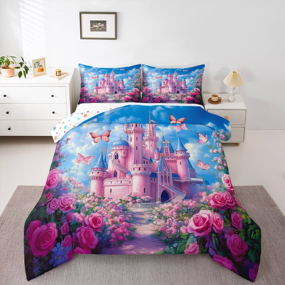 Homewish Blue Pink Castle Bedding Comforter Set, Romantic Butterfly Rose Twin Comforter Sets, Teens Kids Girls Reversible Bedding Set, Lightweight Room Decor, 2pcs