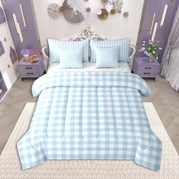 Homewish Blue Plaid Bedding Comforter Set 7-Piece, Geometric Buffalo Grid King Bedding Sets, Cute Checkered Bed Sheets, Microfiber Bedroom Decor
